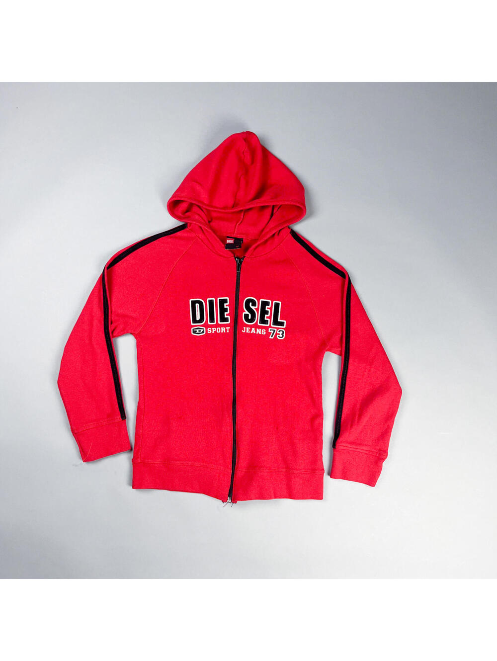 Y2K Diesel Red Zip-Up Hoodie with Black Stripe Detail